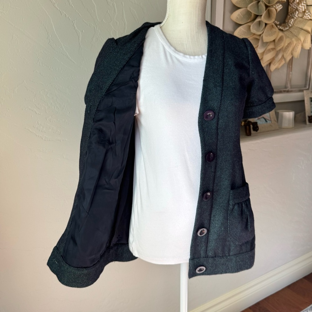 Tabitha Anthropologie Women's Blue Black Wool Blend Short Sleeve Blazer Jacket‎ - Picture 2 of 13